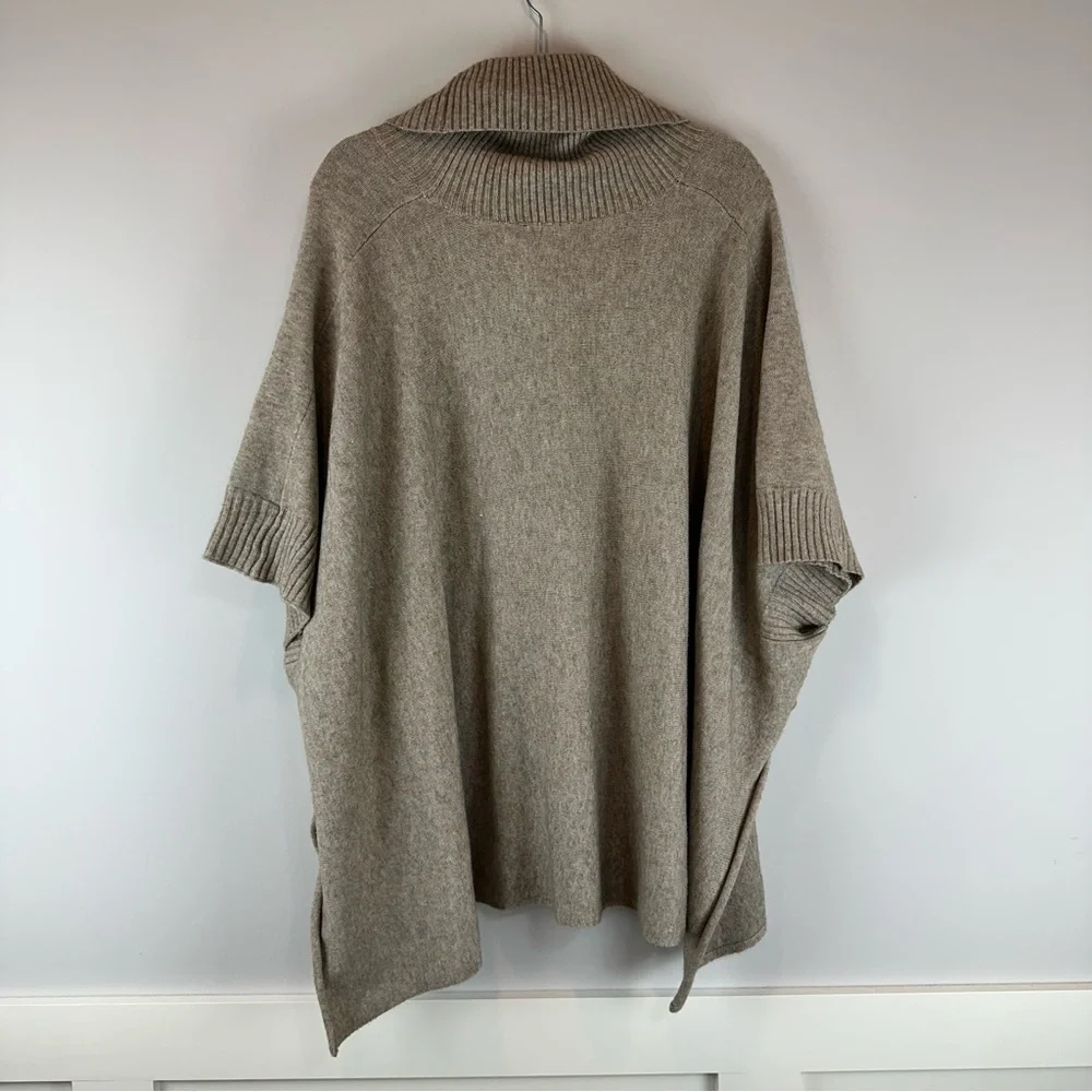 3 Sisters Tan Brown Poncho Turtleneck Pullover Cozy Hi Lo Sweater One Size